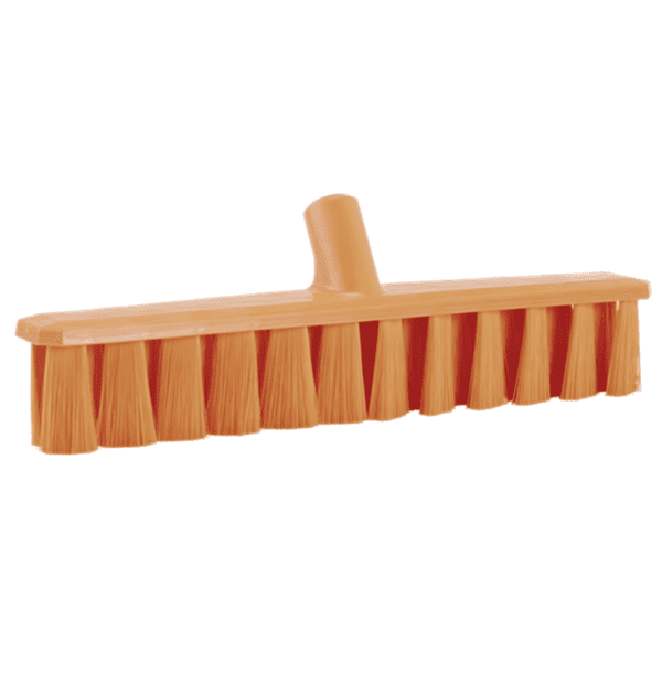 Orange plastic scrub brush with bristles.